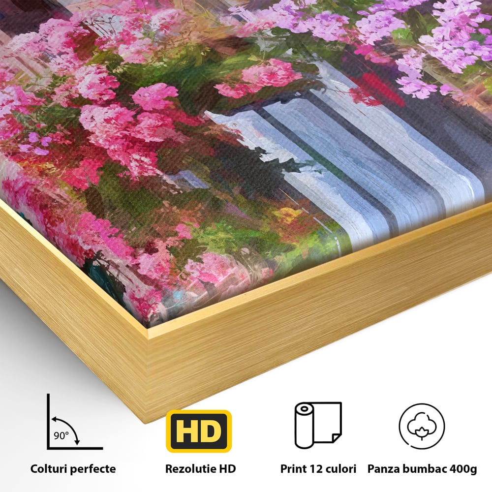 Detaliu al suprafetei: pictura cu balcon plin de flori roz, in rama de aluminiu auriu